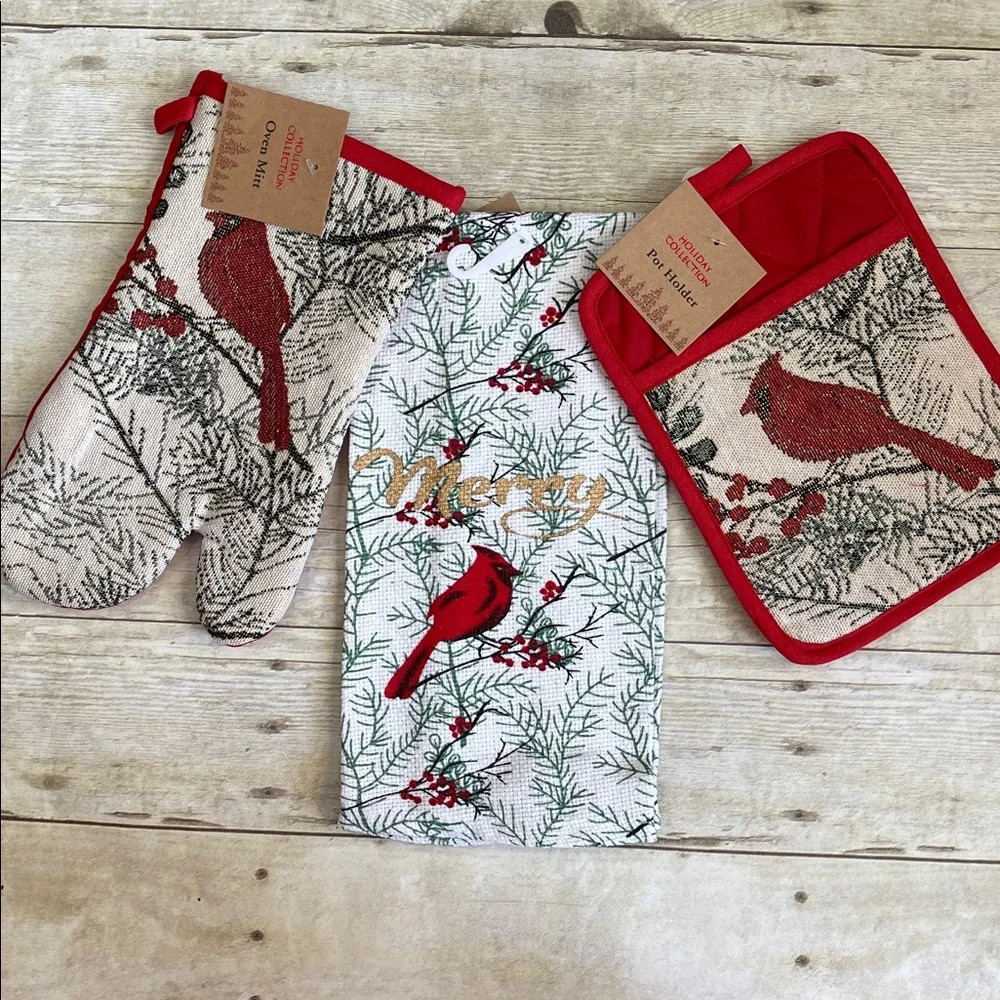 Merry Cardinal 3 Pc Kitchen Set Holiday Dish Towel/Pot Holder/Oven Mitt NWT